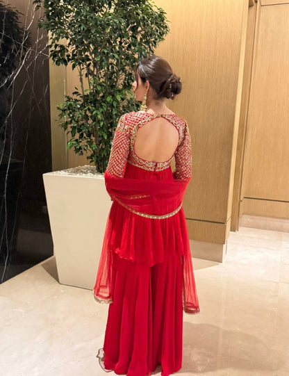 Elegant Red Georgette Sharara Suit for Wedding & Party