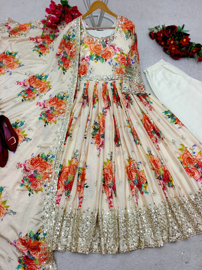 Festive Wear Satin Silk Floral Anarkali with Dupatta