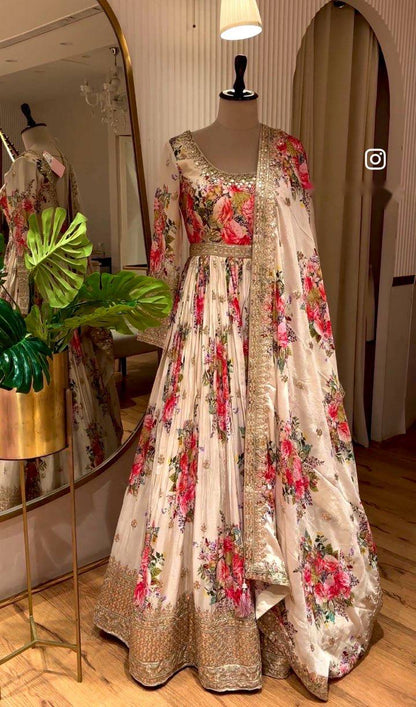 Festive Wear Satin Silk Floral Anarkali with Dupatta