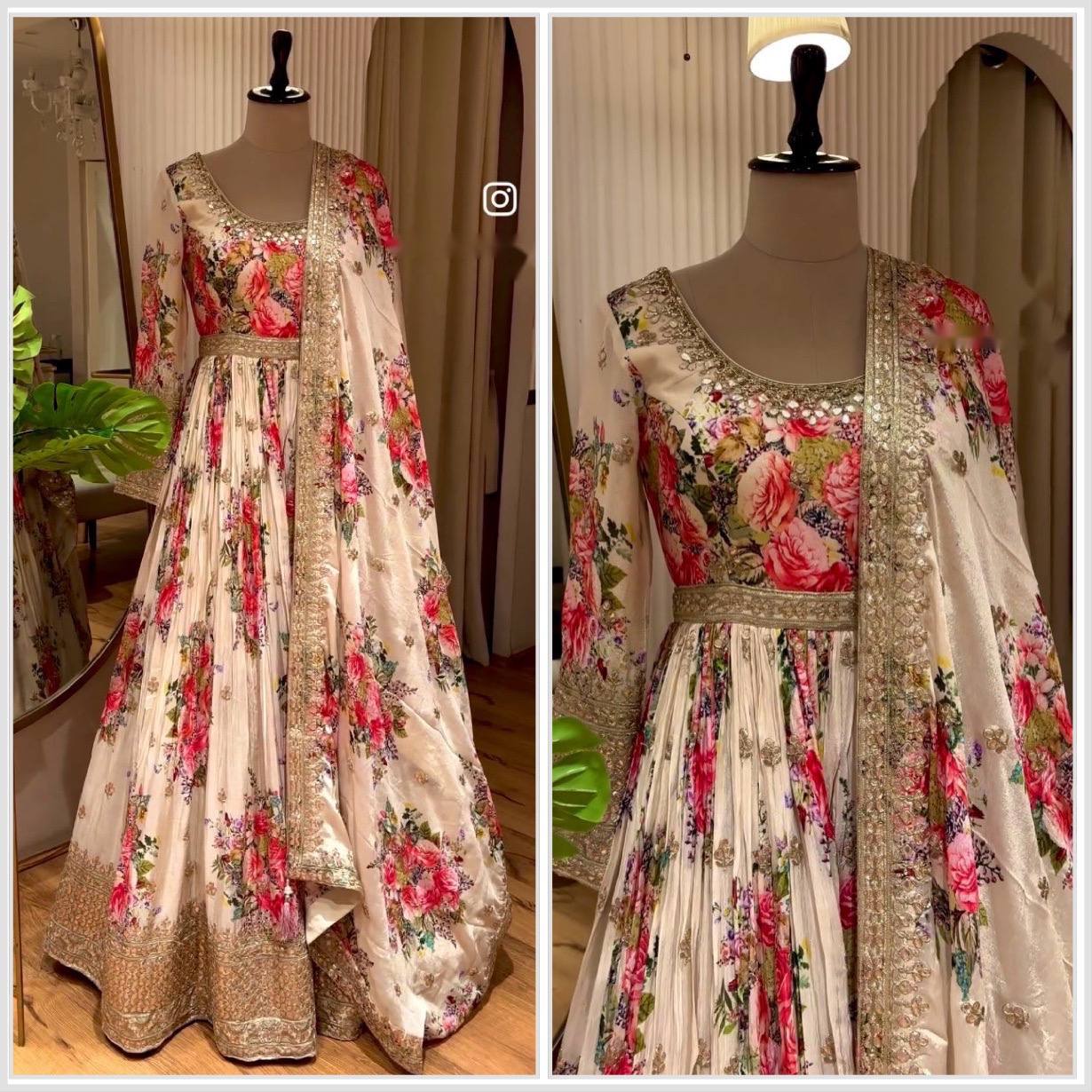 festive wear satin silk floral anarkali with dupatta