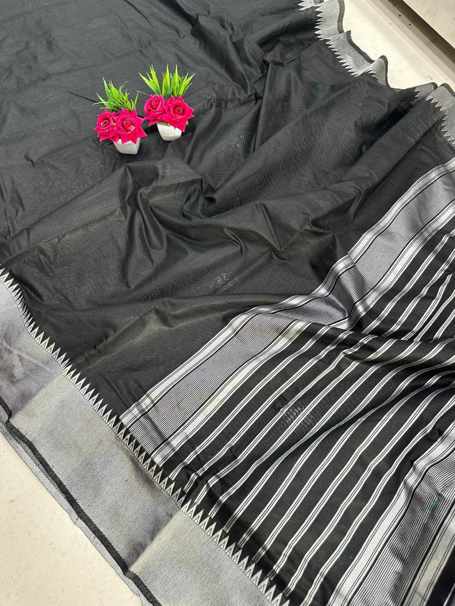 Black Traditional Saree with Designer Silver Border, photo 3