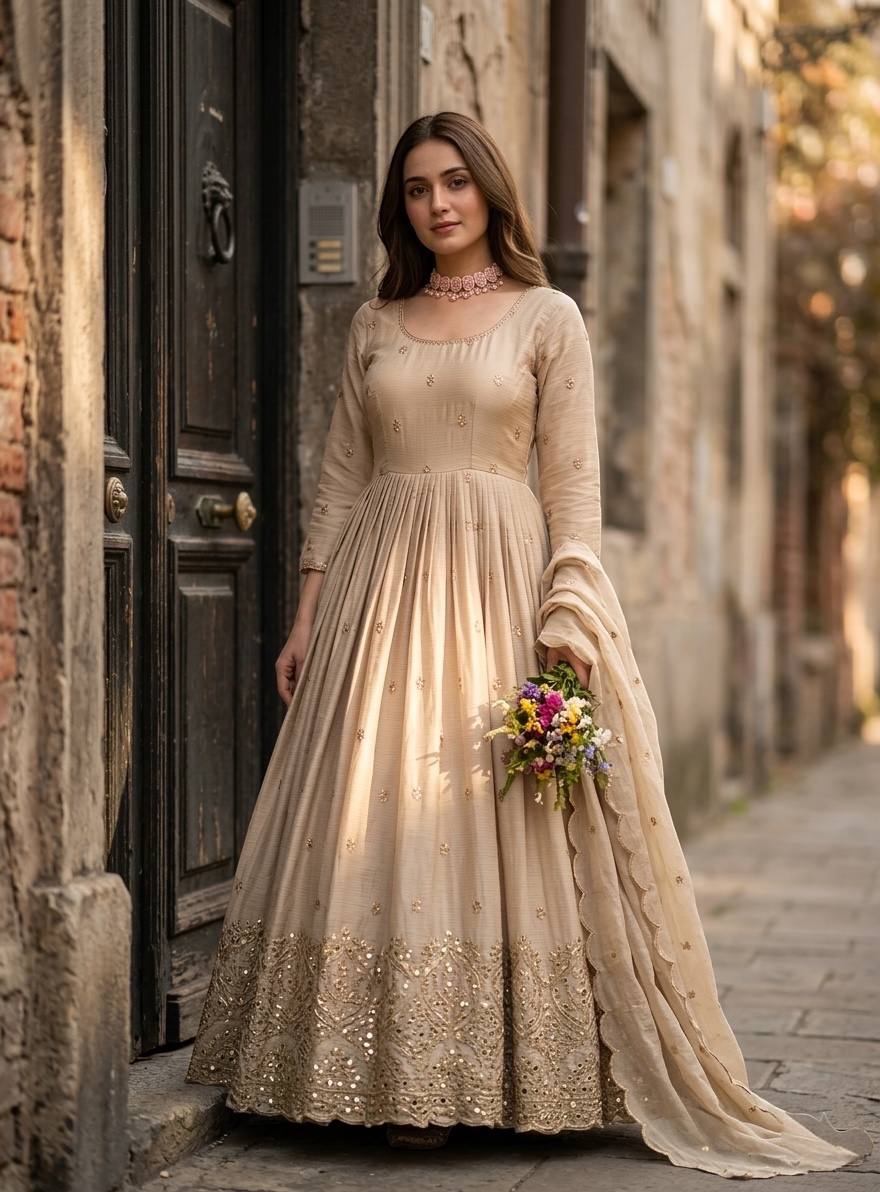 royal beige anarkali gown with embroidered dupatta