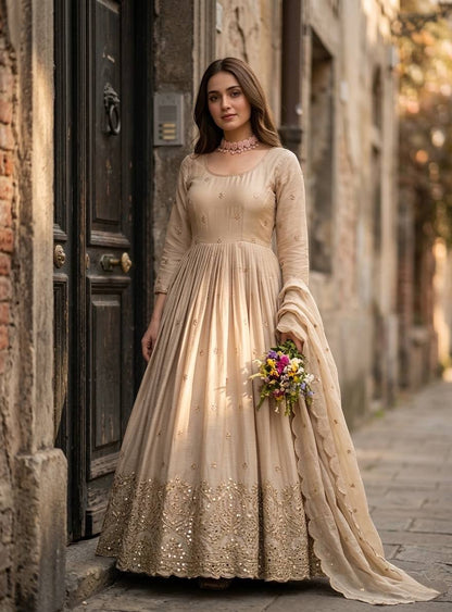 Royal Beige Anarkali Gown with Embroidered Dupatta