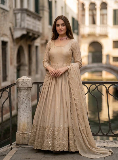 Royal Beige Anarkali Gown with Embroidered Dupatta