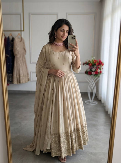 Royal Beige Anarkali Gown with Embroidered Dupatta