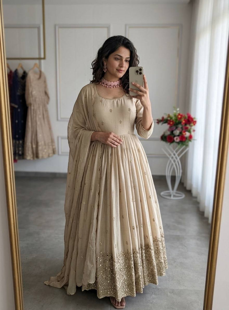Royal Beige Anarkali Gown with Embroidered Dupatta