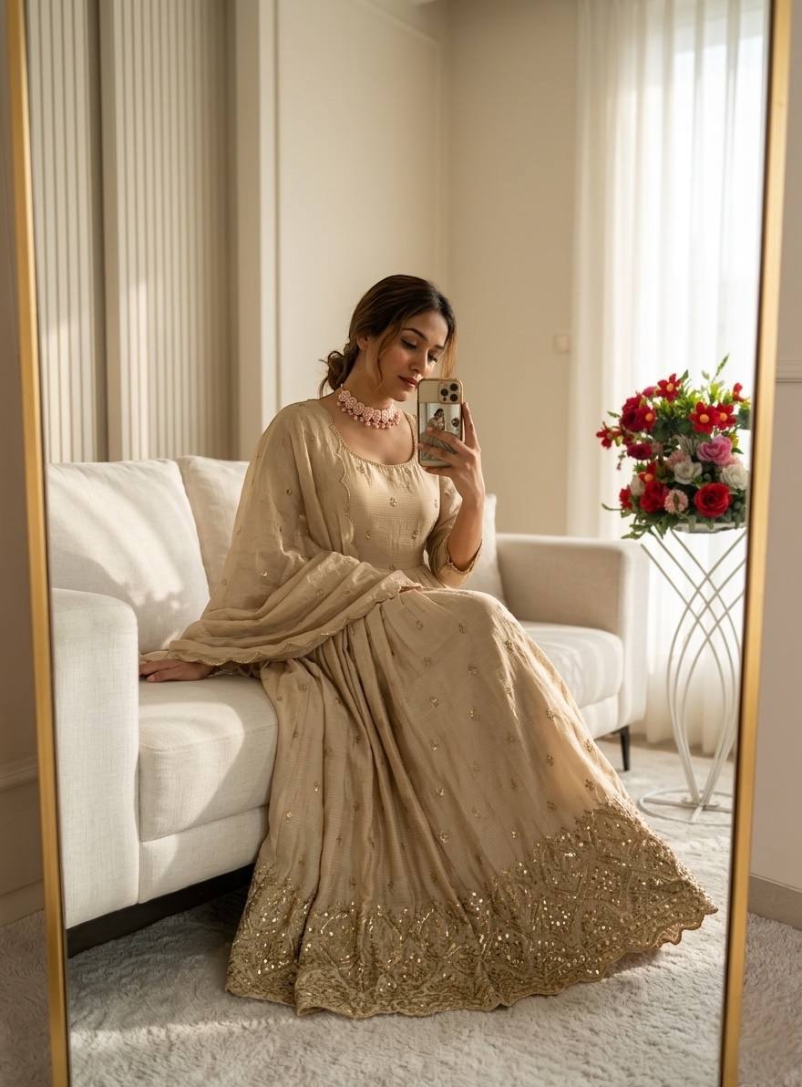 royal beige anarkali gown with embroidered dupatta