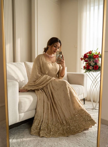 Royal Beige Anarkali Gown with Embroidered Dupatta