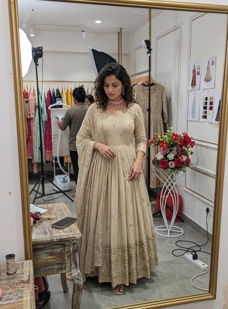royal beige anarkali gown with embroidered dupatta