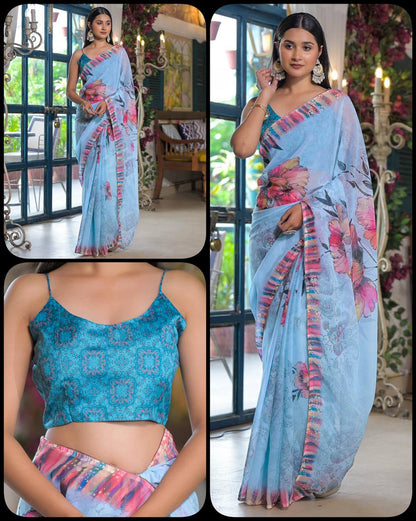 BloomWave Digital Art Saree with Designer Edge Detailing