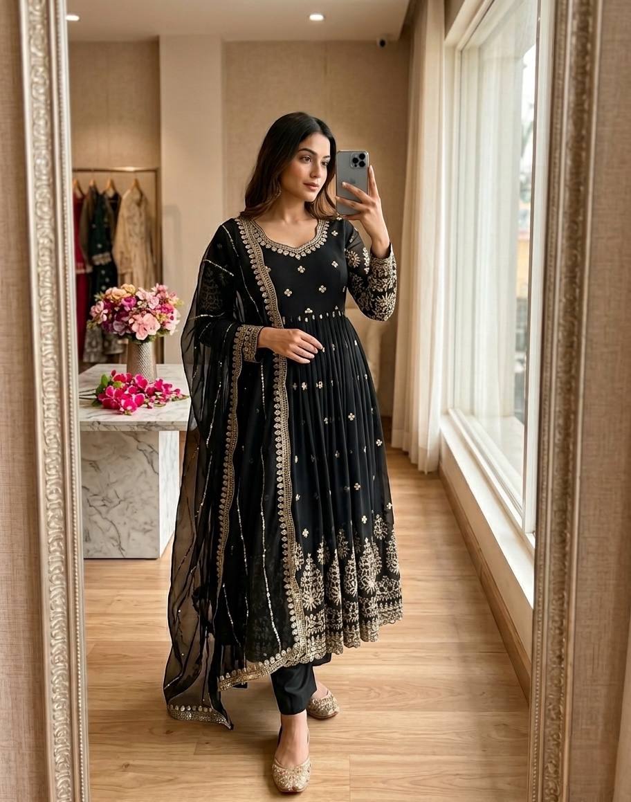 royal black festive anarkali suit with golden work
