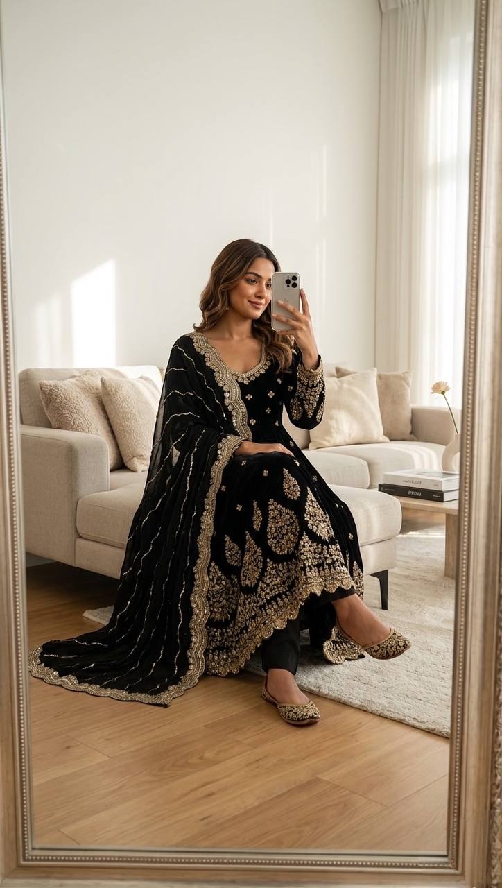 royal black festive anarkali suit with golden work