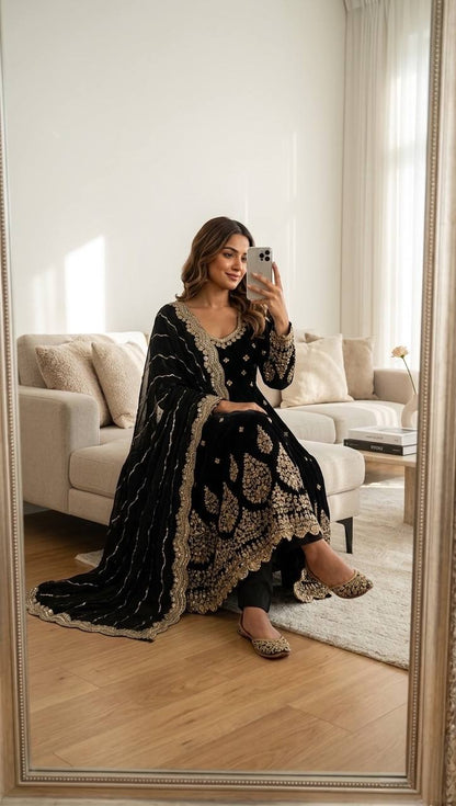 Royal Black Festive Anarkali Suit with Golden Work