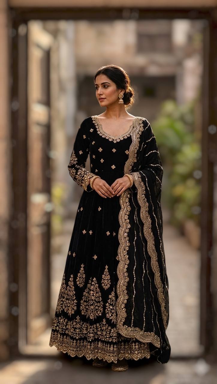 royal black festive anarkali suit with golden work