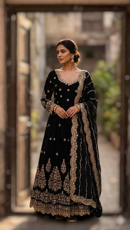 Royal Black Festive Anarkali Suit with Golden Work
