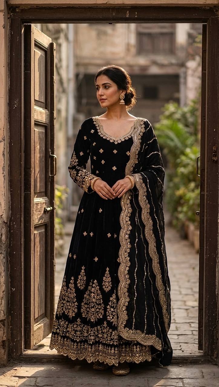 royal black festive anarkali suit with golden work