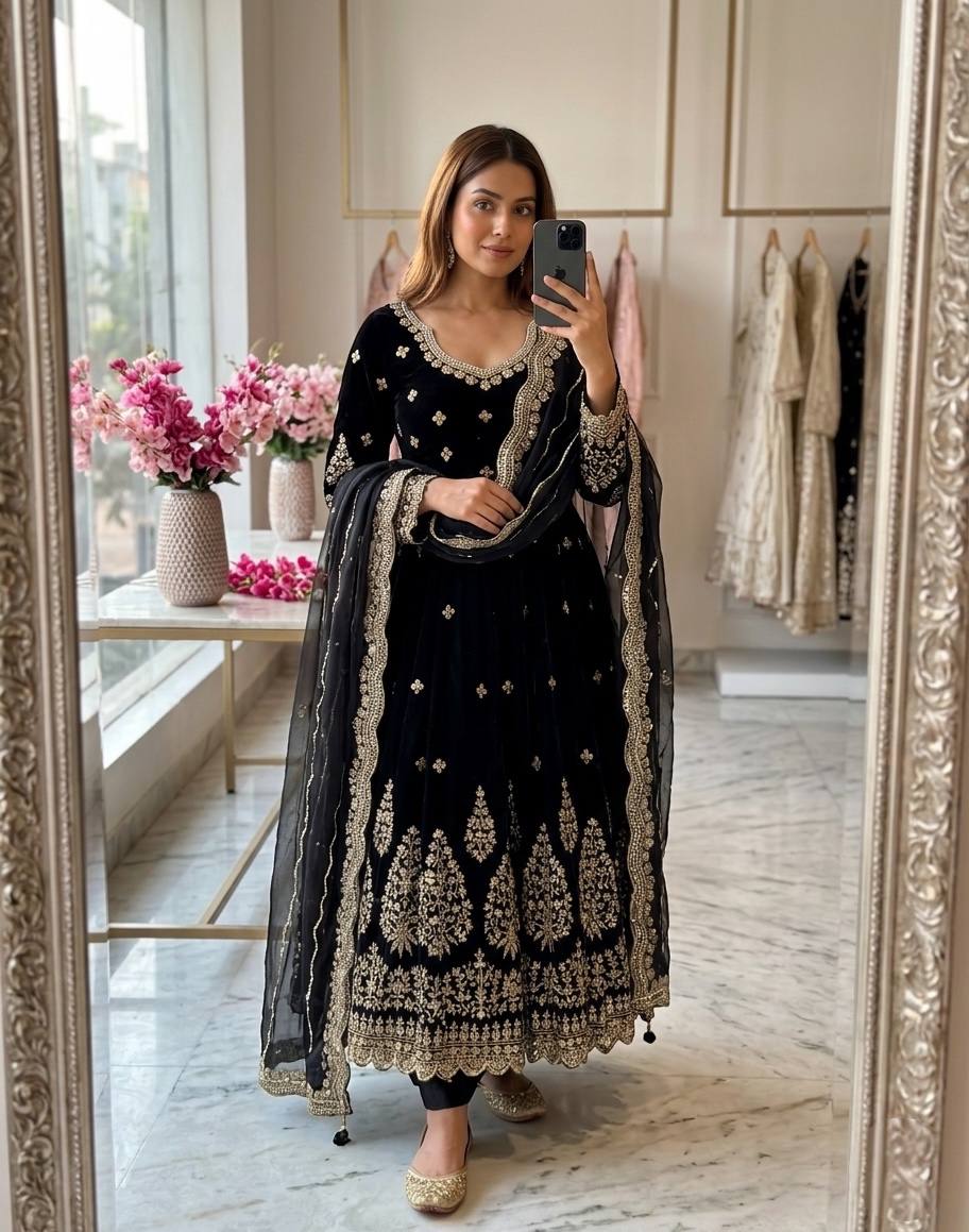 royal black festive anarkali suit with golden work