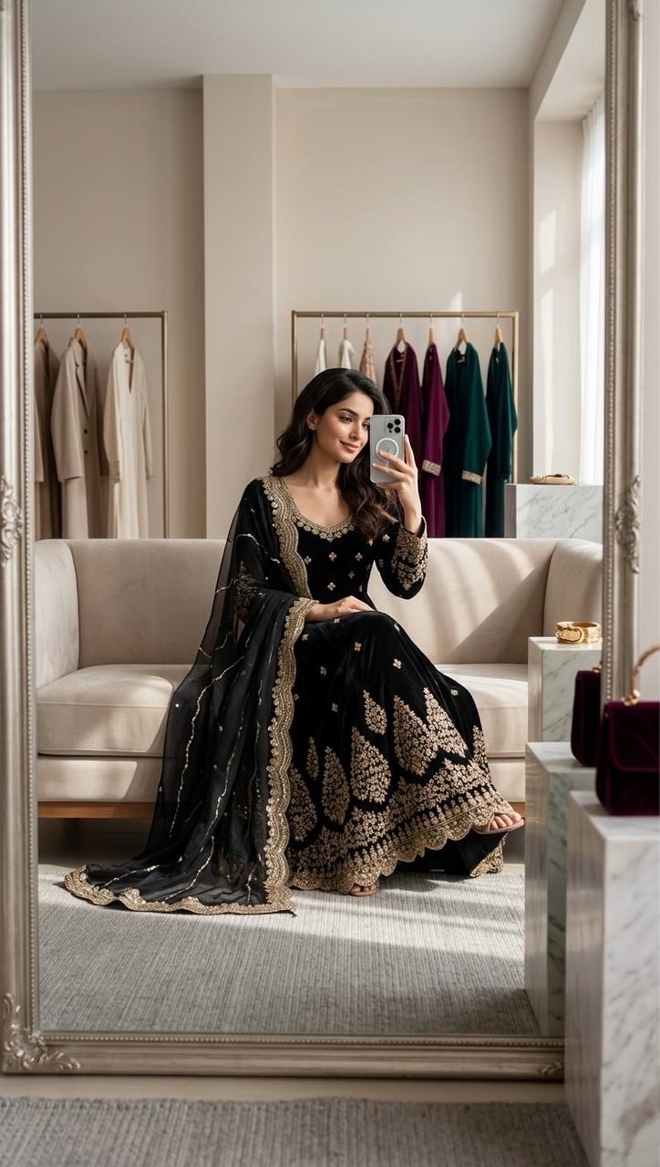 royal black festive anarkali suit with golden work