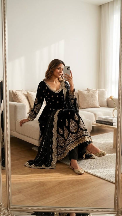 Royal Black Festive Anarkali Suit with Golden Work