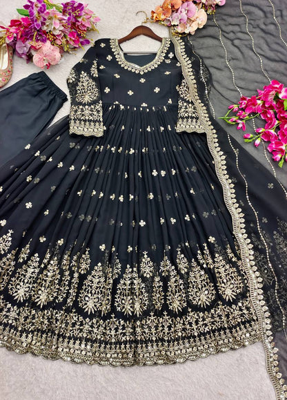 Royal Black Festive Anarkali Suit with Golden Work