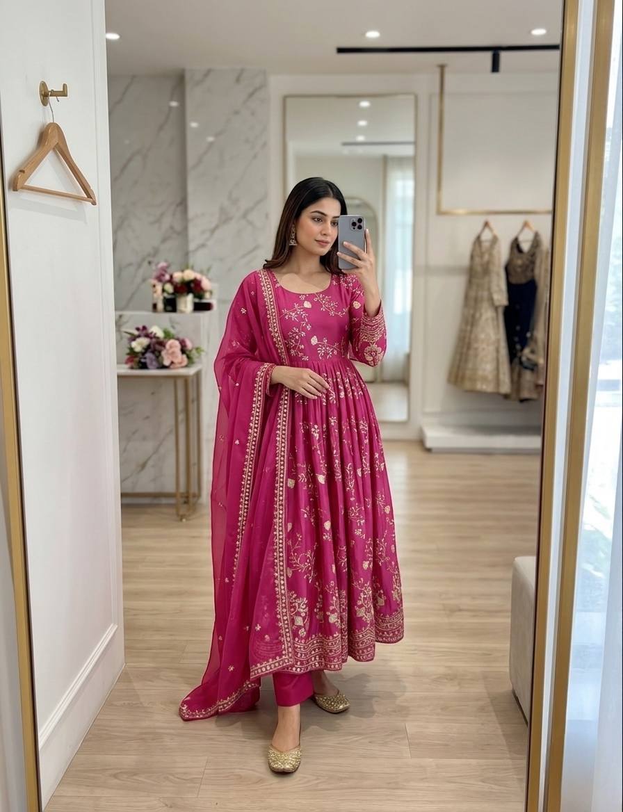 regal pink embellished anarkali outfit