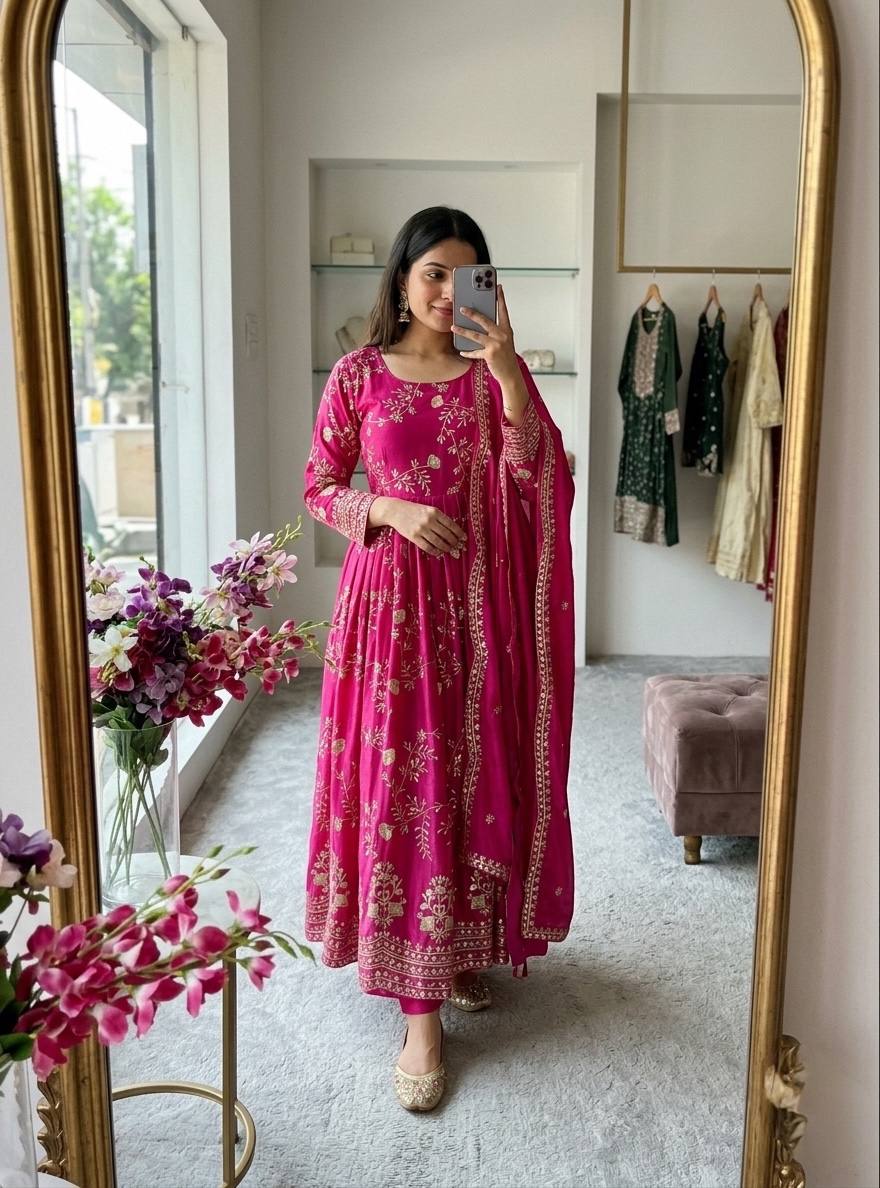 regal pink embellished anarkali outfit