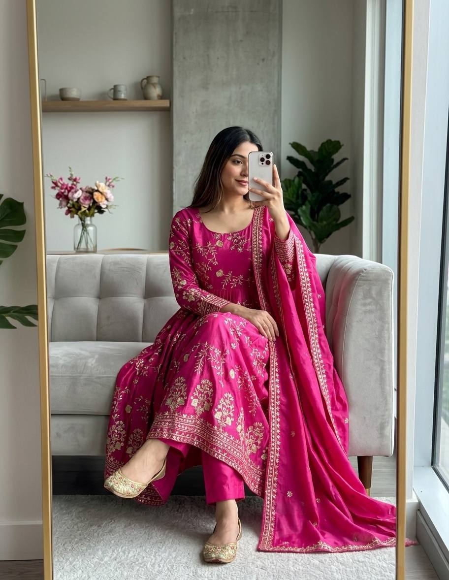 regal pink embellished anarkali outfit