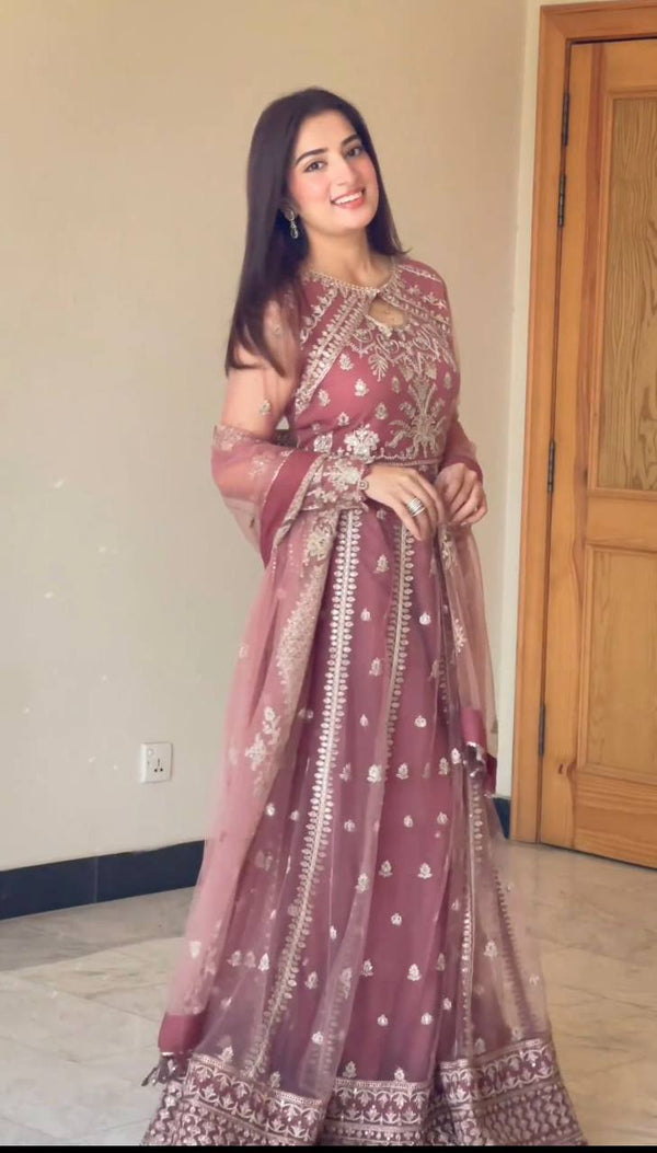 Luxury Pink Anarkali Dress with Golden Embroidery & Dupatta