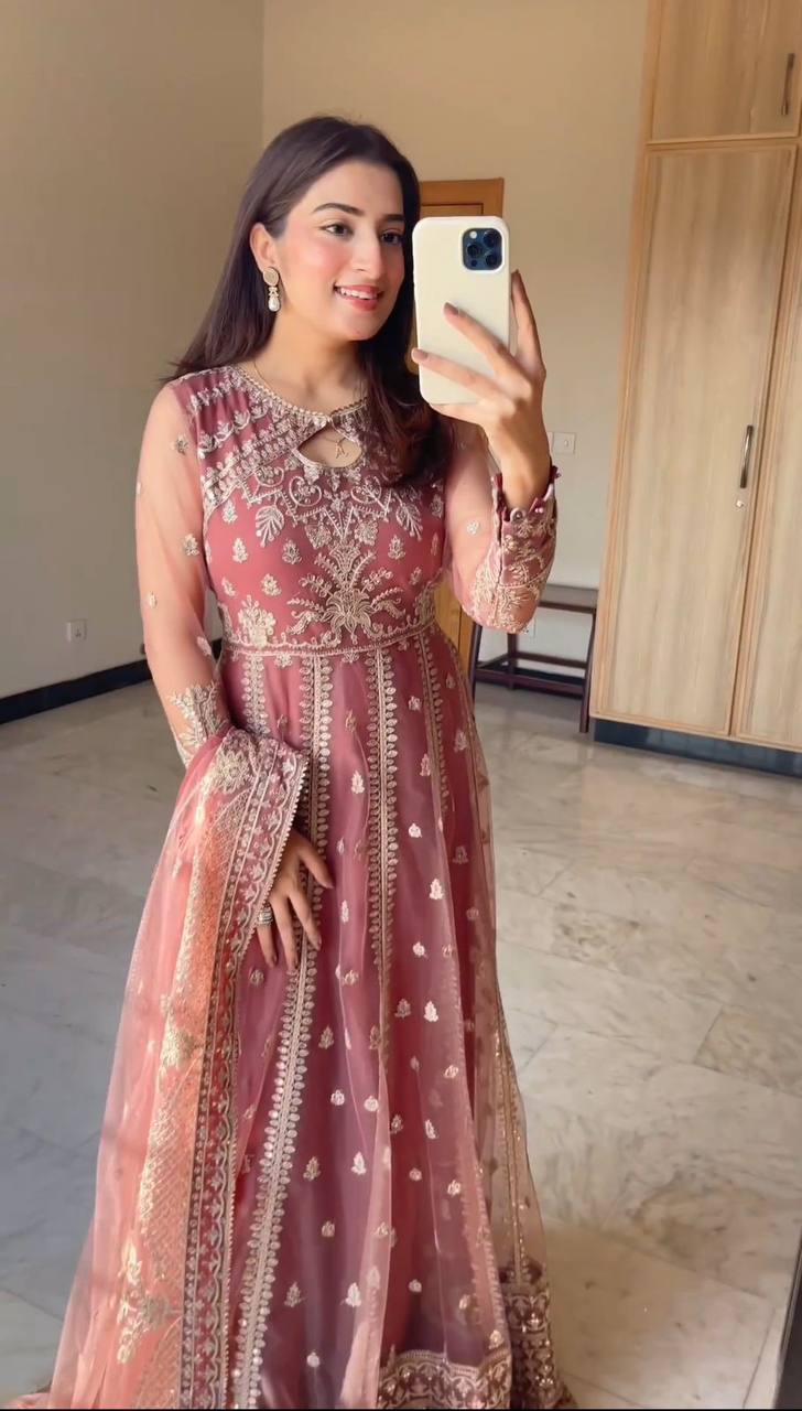luxury pink anarkali dress with golden embroidery & dupatta