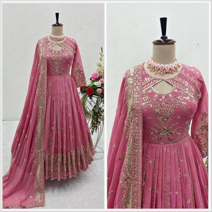 Luxury Pink Anarkali Dress with Golden Embroidery & Dupatta