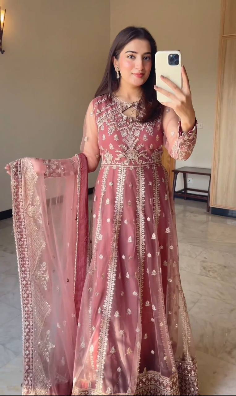 luxury pink anarkali dress with golden embroidery & dupatta