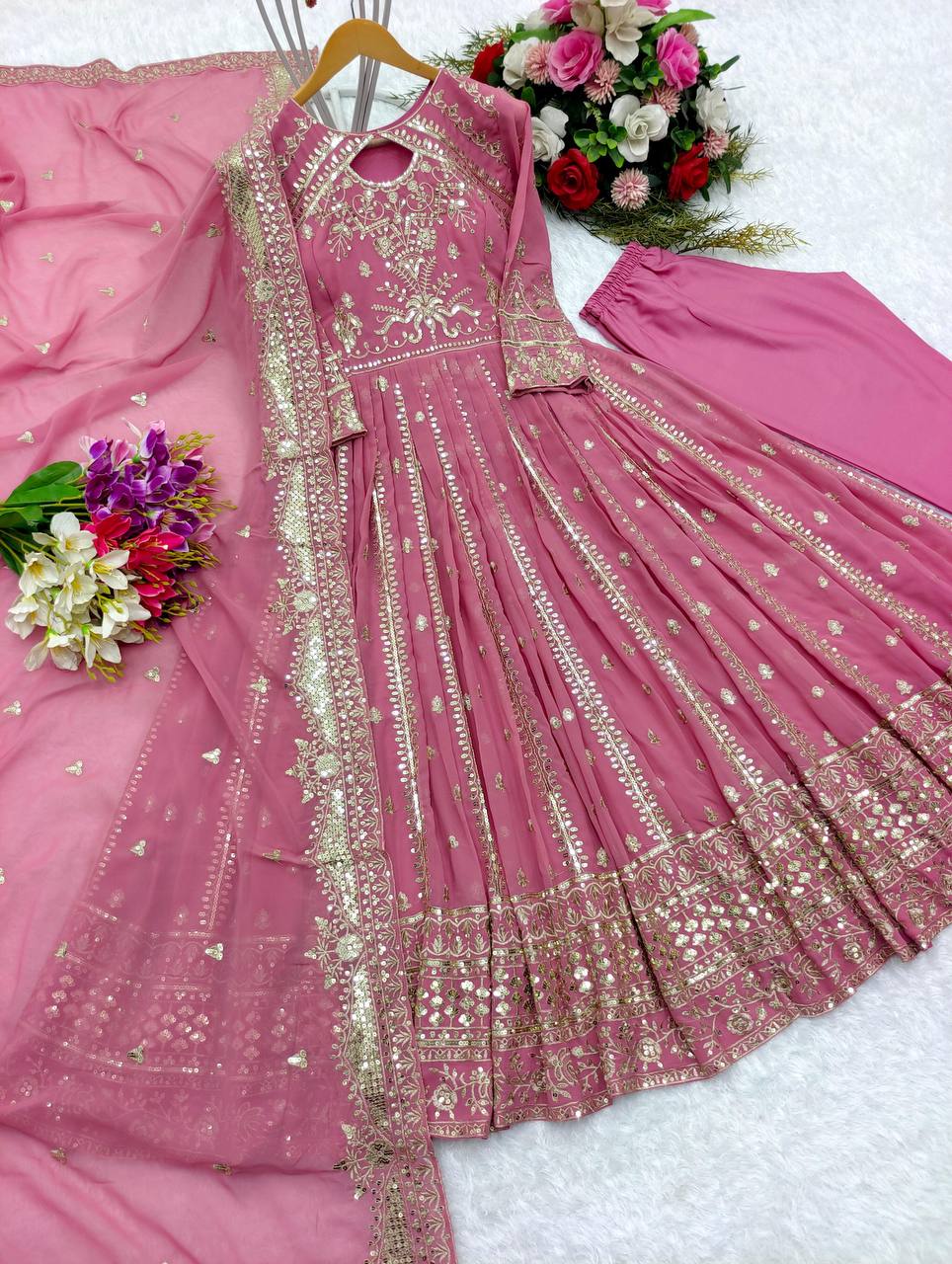 luxury pink anarkali dress with golden embroidery & dupatta