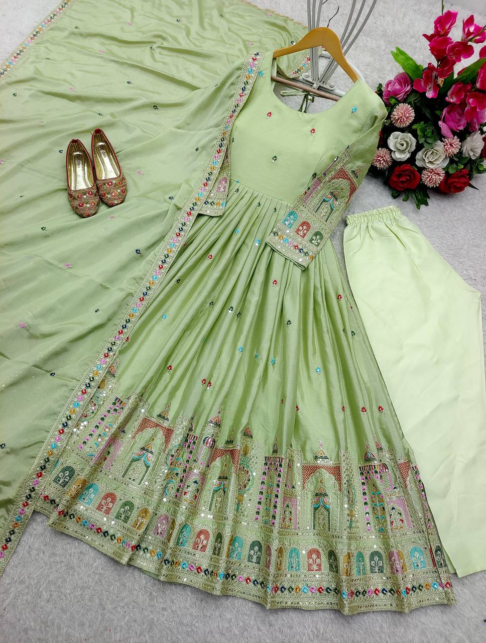 pastel green anarkali gown with intricate embroidery & dupatta
