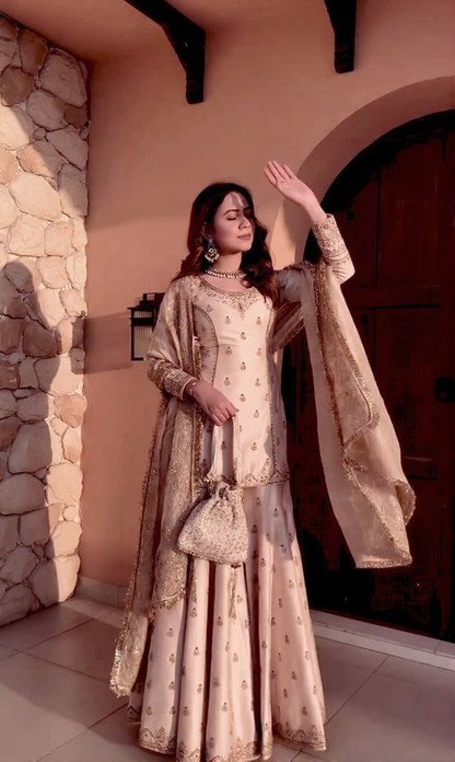 Designer Cream Embroidered Sharara Set with Dupatta