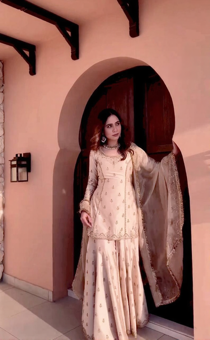 Designer Cream Embroidered Sharara Set with Dupatta