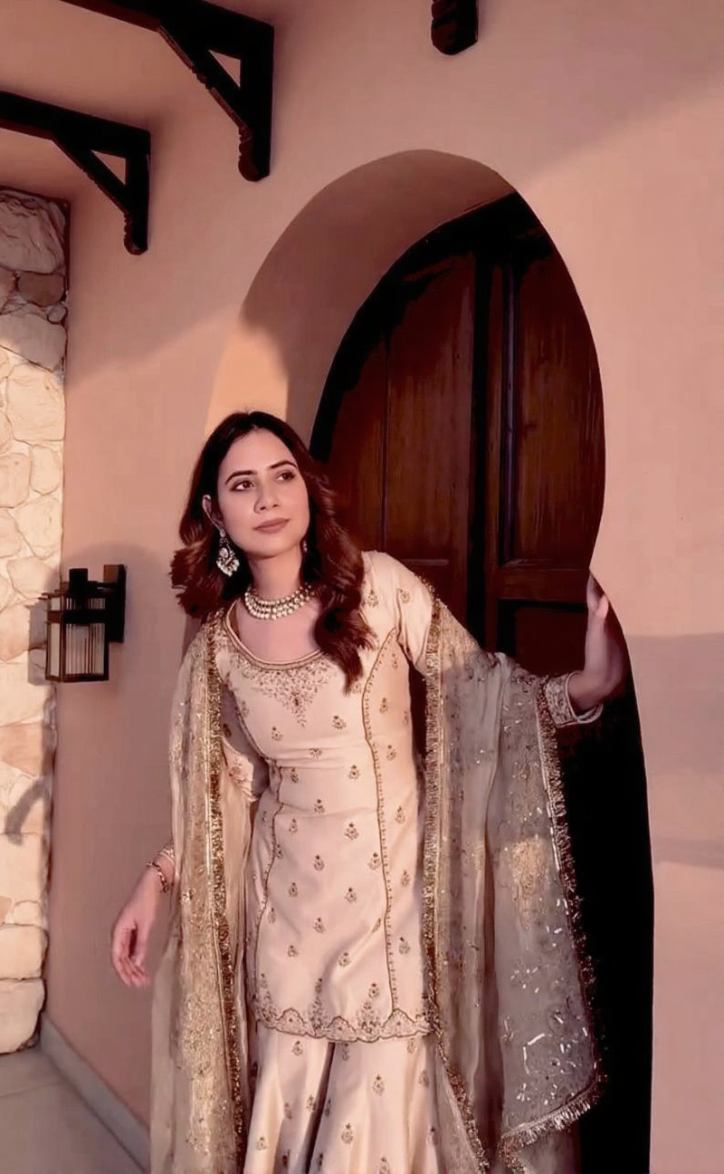 designer cream embroidered sharara set with dupatta