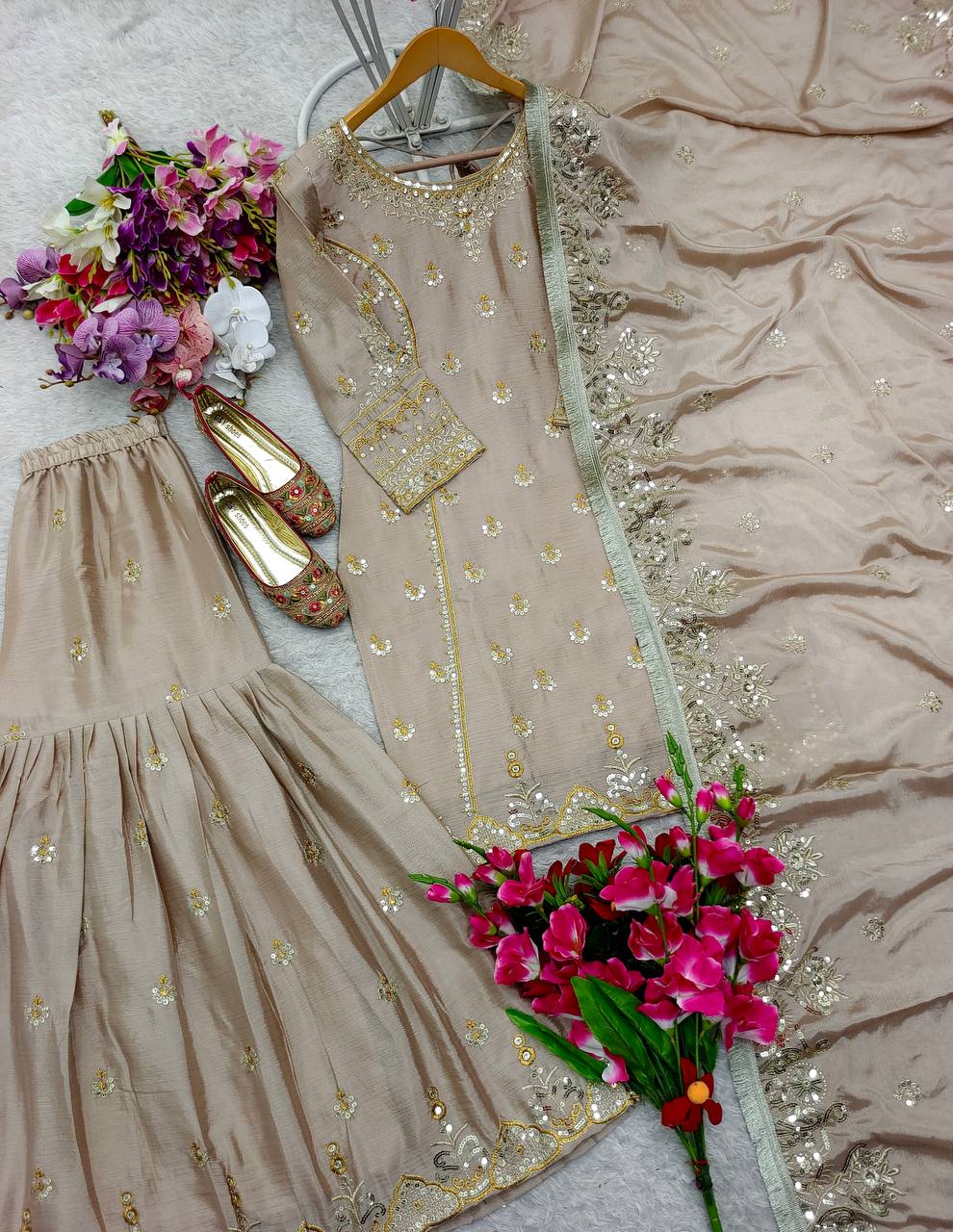 designer cream embroidered sharara set with dupatta