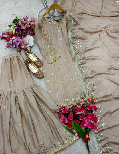 Designer Cream Embroidered Sharara Set with Dupatta