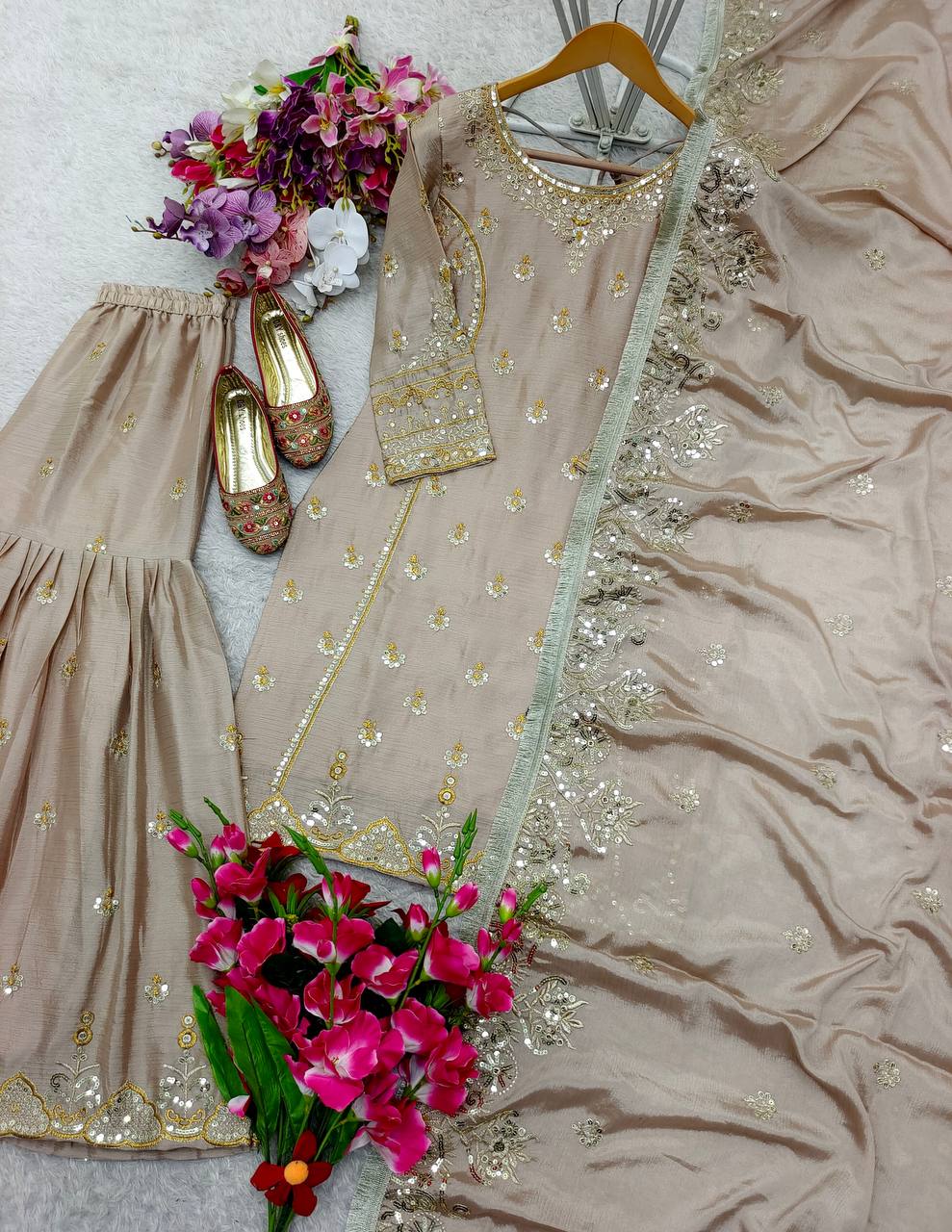 designer cream embroidered sharara set with dupatta