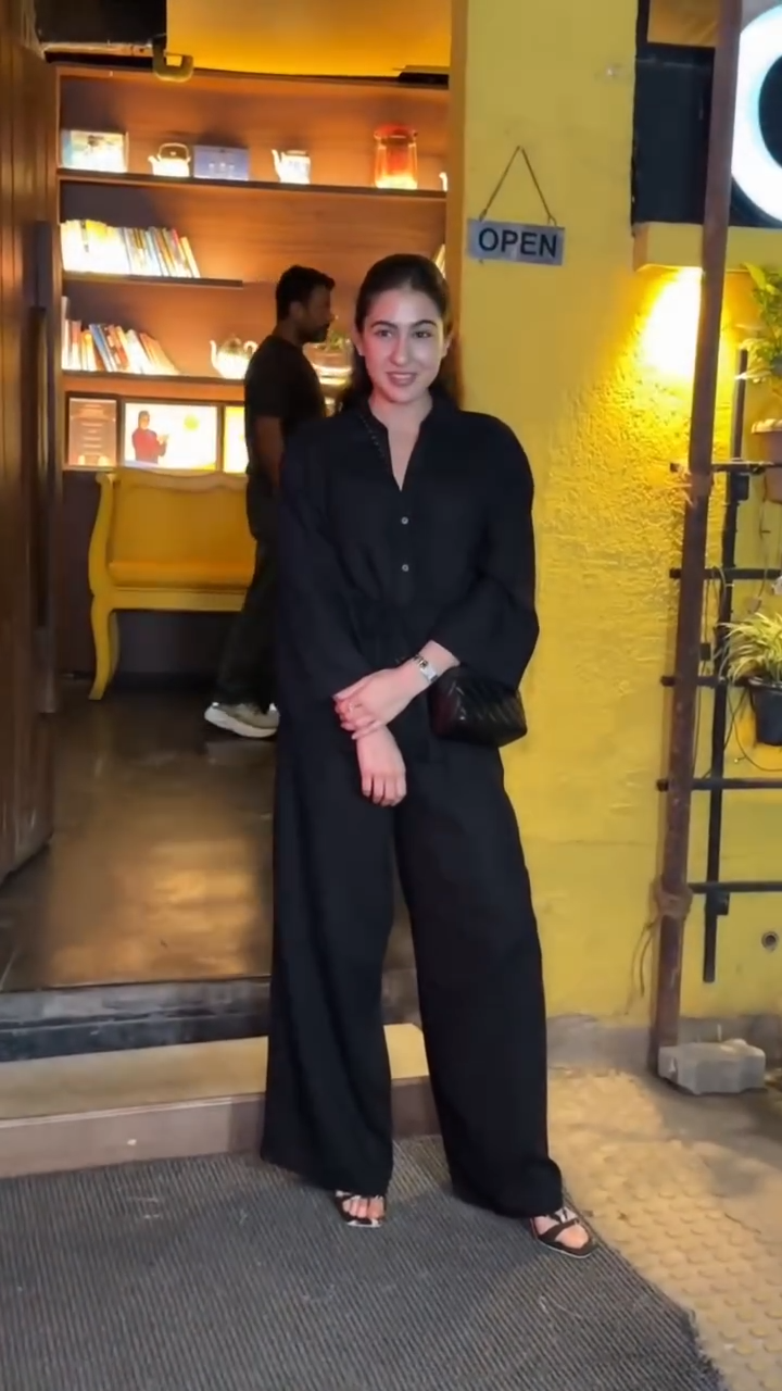 sara ali khan solid black co-ord set
